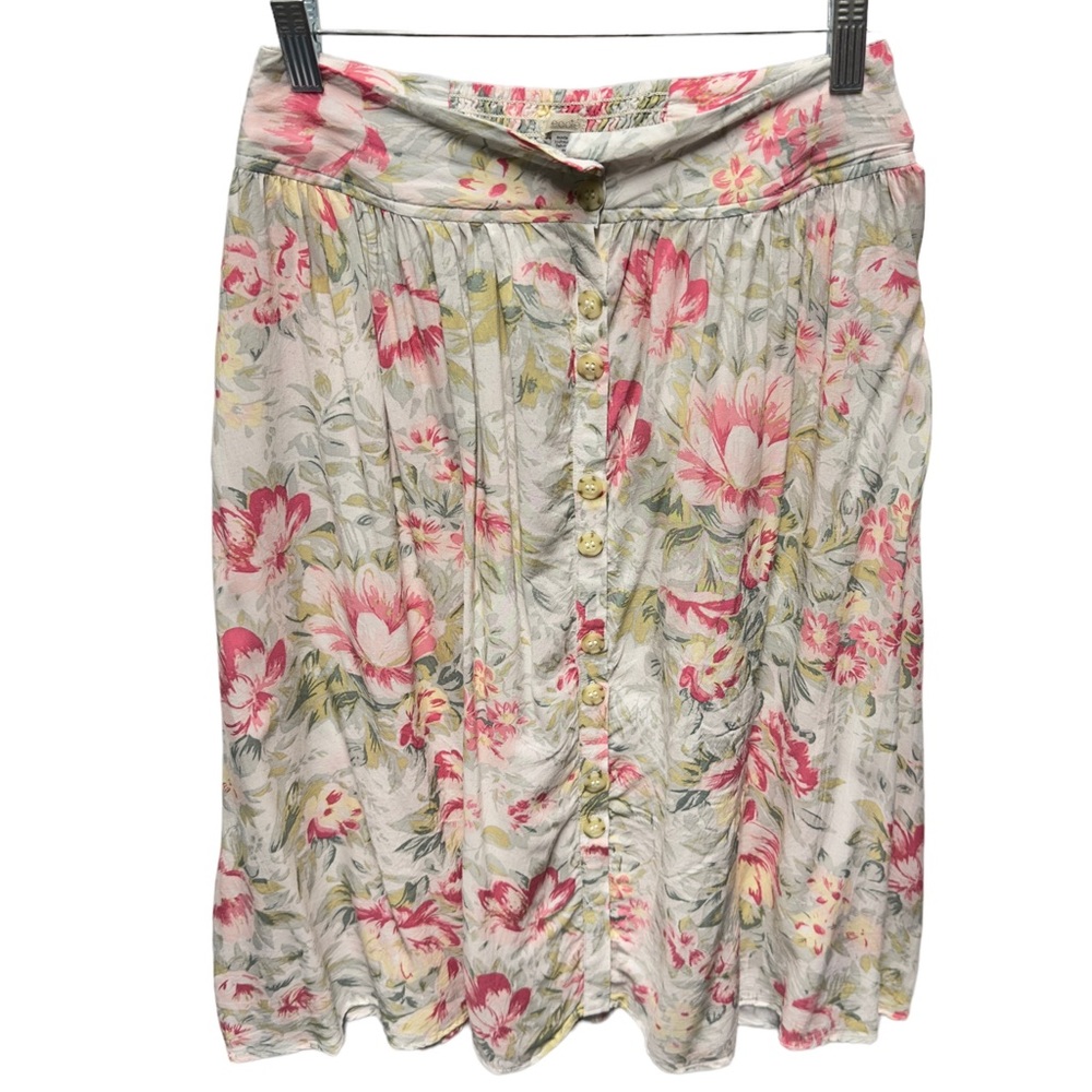 Pure Rayon Y2K Watercolor Floral Vines Petal Leafs Full Buttoned Midi Skirt